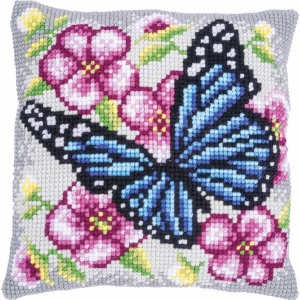 Blauwe vlinder met roze bloemen