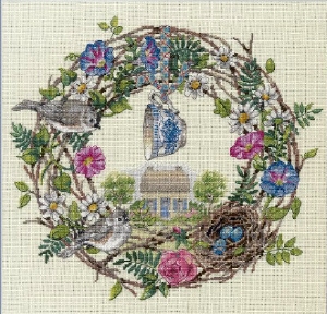 Krans met bloemen en vogels