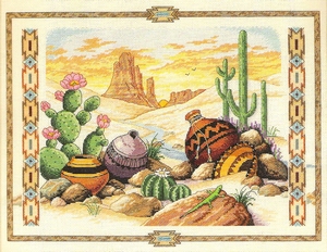 Cactussen en kruiken in de woestijn